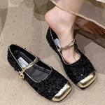 Elegant Solid Color Bling Mary Janes Shoes Women Spring Autumn Buckle Strap Party Flats Woman Shallow Square Top Shoes Lady