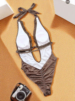 Sexy Coffee One Piece Swimwear Women 2026 Halter Front Tie V Neck Swimsuit Hollow Out Backless Bathing Suit Holiday Thong Bikini