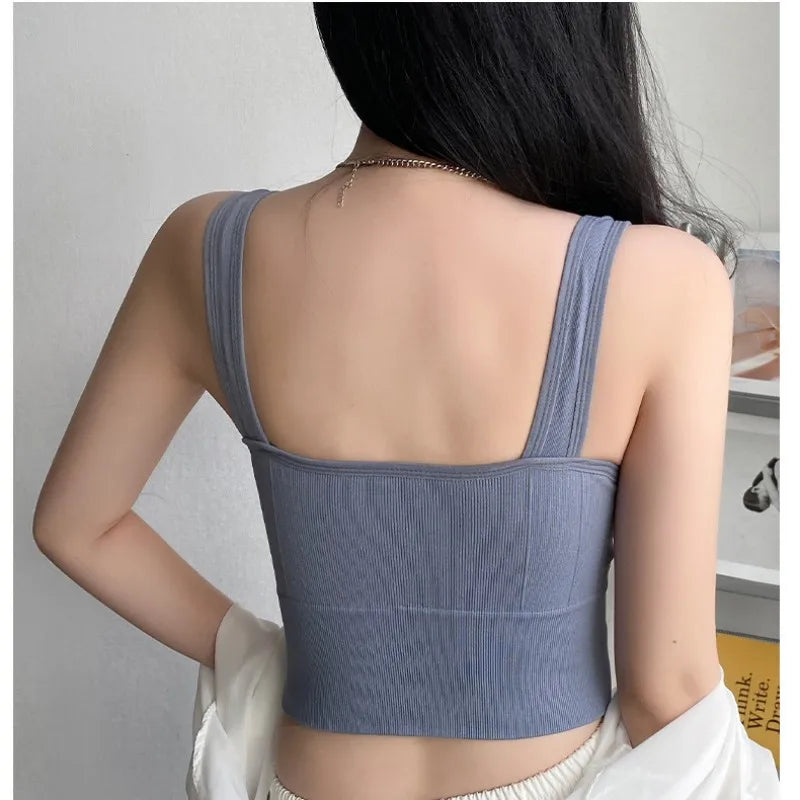 Women Crop Top Padded Tank Top Sports Bra Seamless Underwear Summer Fitness Casual Streetwear Camisole Removable Pads