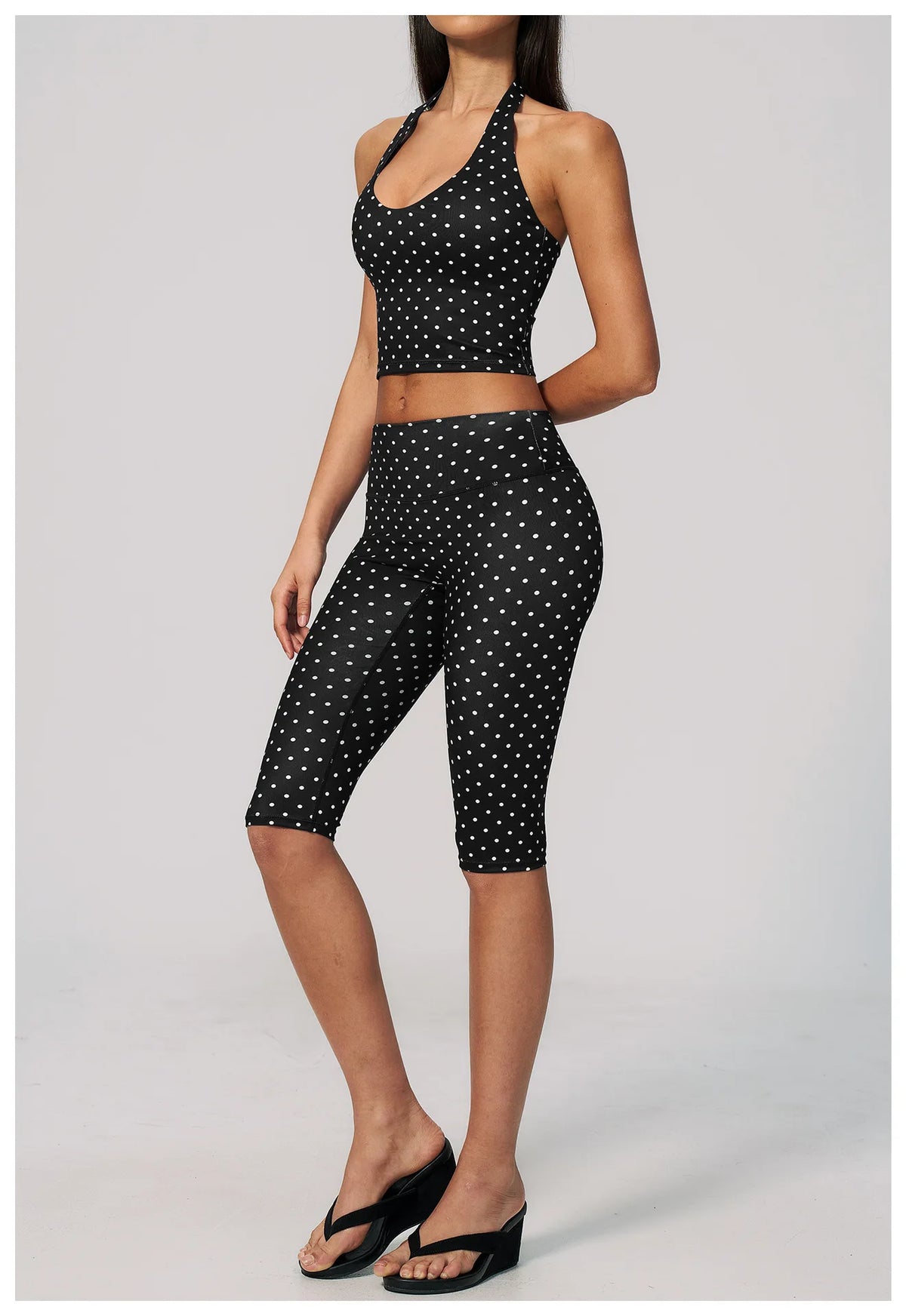 New Summer Women White Polka Dot Print Yoga Sets Hanging Neck Slim Sport Vest High Waist Mid Pants Gym Two-piece Workout Clothes