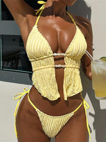 Wrinkled Tankini Halter Bikini Women Swimwear Female Swimsuit Two-Pieces Bikini Set High Cut Leg Bather Bathing Suit Swim V7154