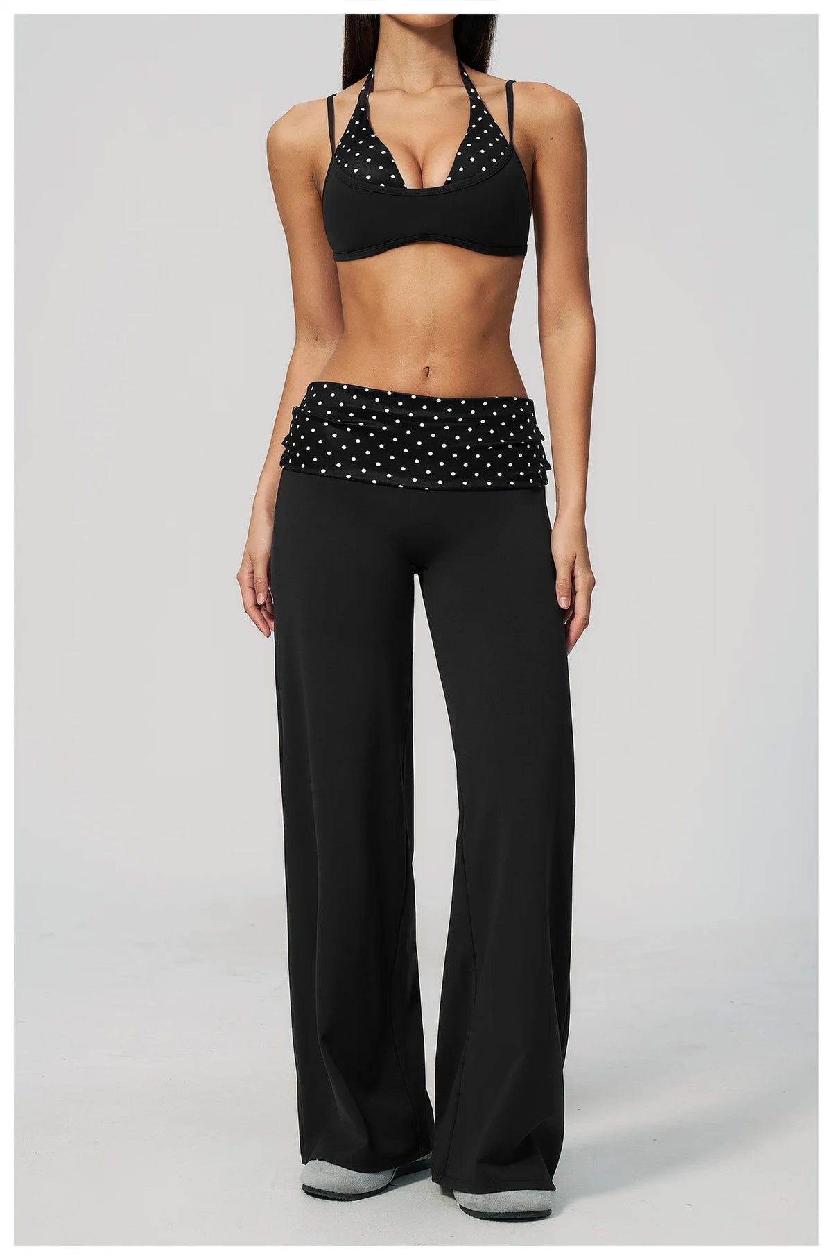 Fake Two-piece Sports Bra Yoga Sets Women Coffee Striped Patchwork Folding High Waist Wide Leg Pants Gym Running Fitness Suits