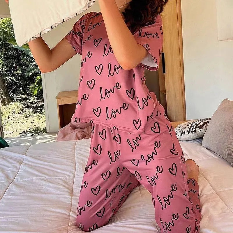 Ladies Pyjamas Dark Pink Letter Printed Short Sleeved T-shirt and Pants Sleepwear Pajama 2 Pieces Casual Home Wear