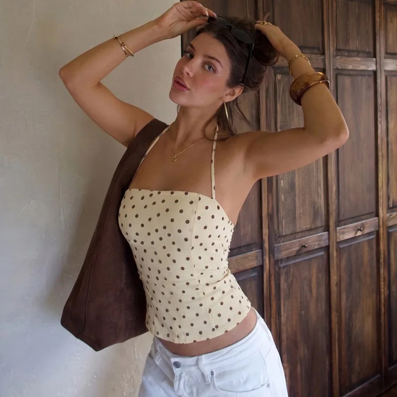 FDYOUI Sexy Halter Neck Polka Dot Tank Tops 2026 Women Lace-up Backless Slim Corset Camisoles Ladies Summer Crop Top Streetwear