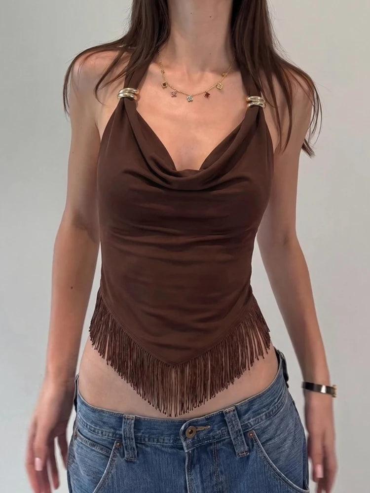 FDYOUI Sexy Swinging Collar Tassels Tank Tops Women's Halter Bandage Backless Camisoles Female Summer Slim Corset Top Streetwear