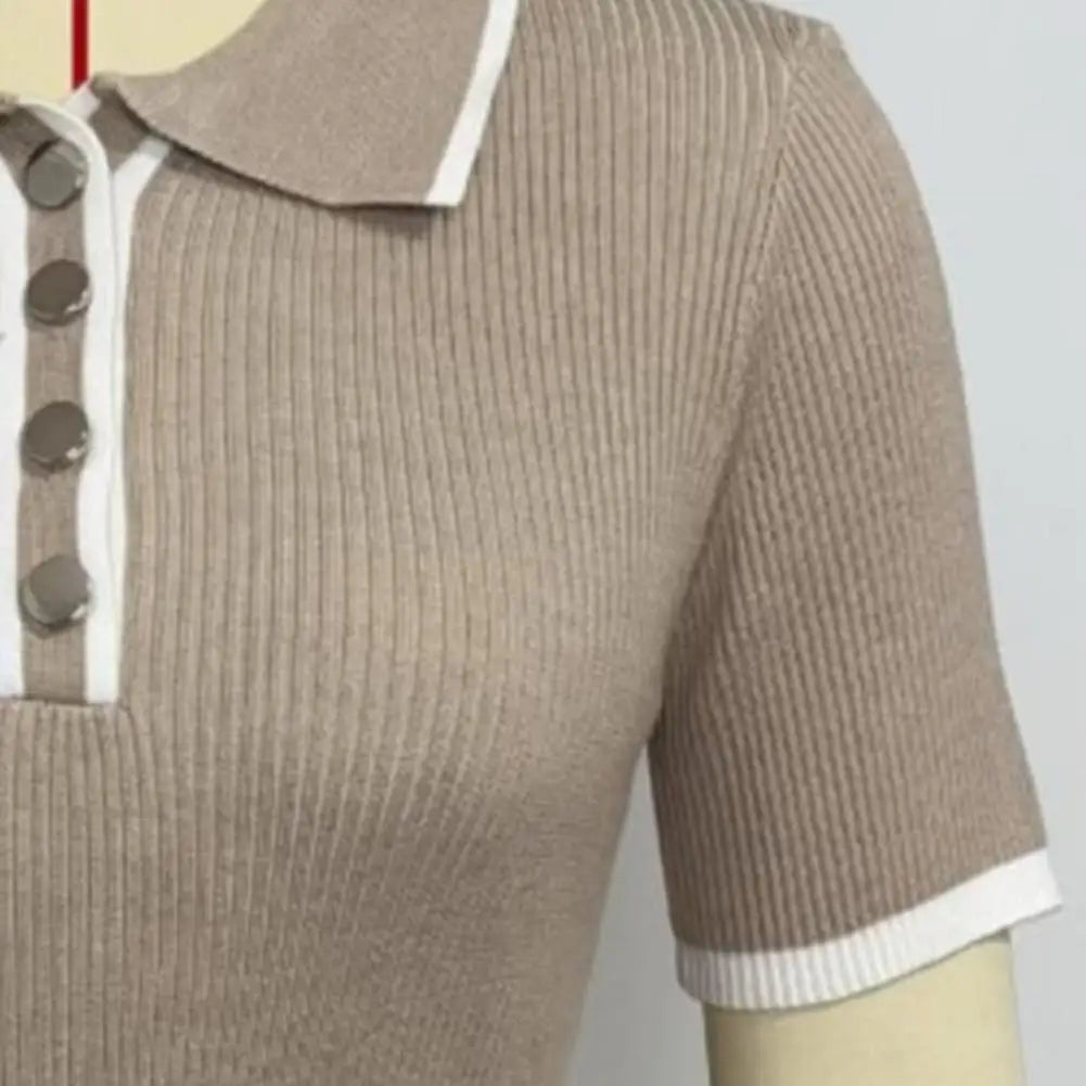 Women Short Tops Short-Sleeve Patchwork Color Lapel Tops with Buttoned Neckline Regular Fit Knitting Tops