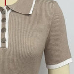 Women Short Tops Short-Sleeve Patchwork Color Lapel Tops with Buttoned Neckline Regular Fit Knitting Tops