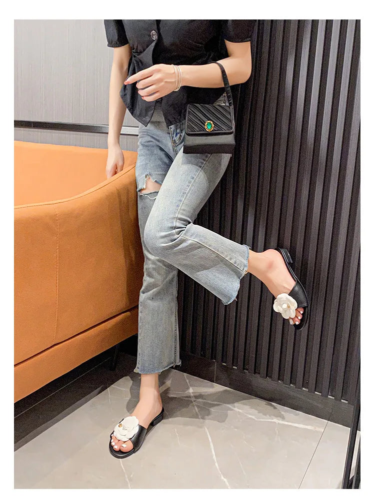 High End Luxury Flower Slippers Women Camellia Shoes Open Toe Slides Femme Outside&Home Pantuflas Sandals Ladies Flip Flops