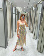 2024 Dress For Women Summer Chic Print Mesh Sleeveless Sexy Side Slit Slim Dresses Wild Beach Resort Style Woman Dress