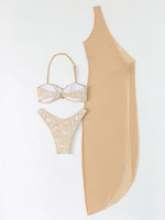 2026 Nude Three Piece Swimsuit Women Swimwear Sexy Bandeau Thong Bikini Sets Monokini Beach Bathing Suit Long Dress Vacation