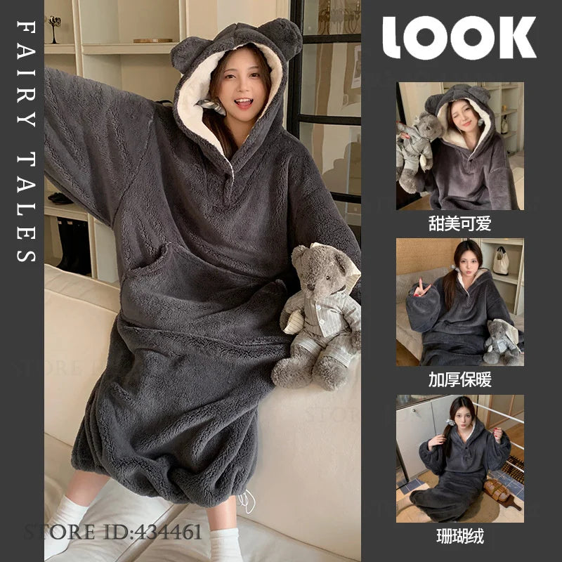 Thicken Flannel Cartoon Female Long Robe Hooded Nightgown Autumn Winter Sleepwear Home Clothes Loose Coral Fleece Warm Nightwear