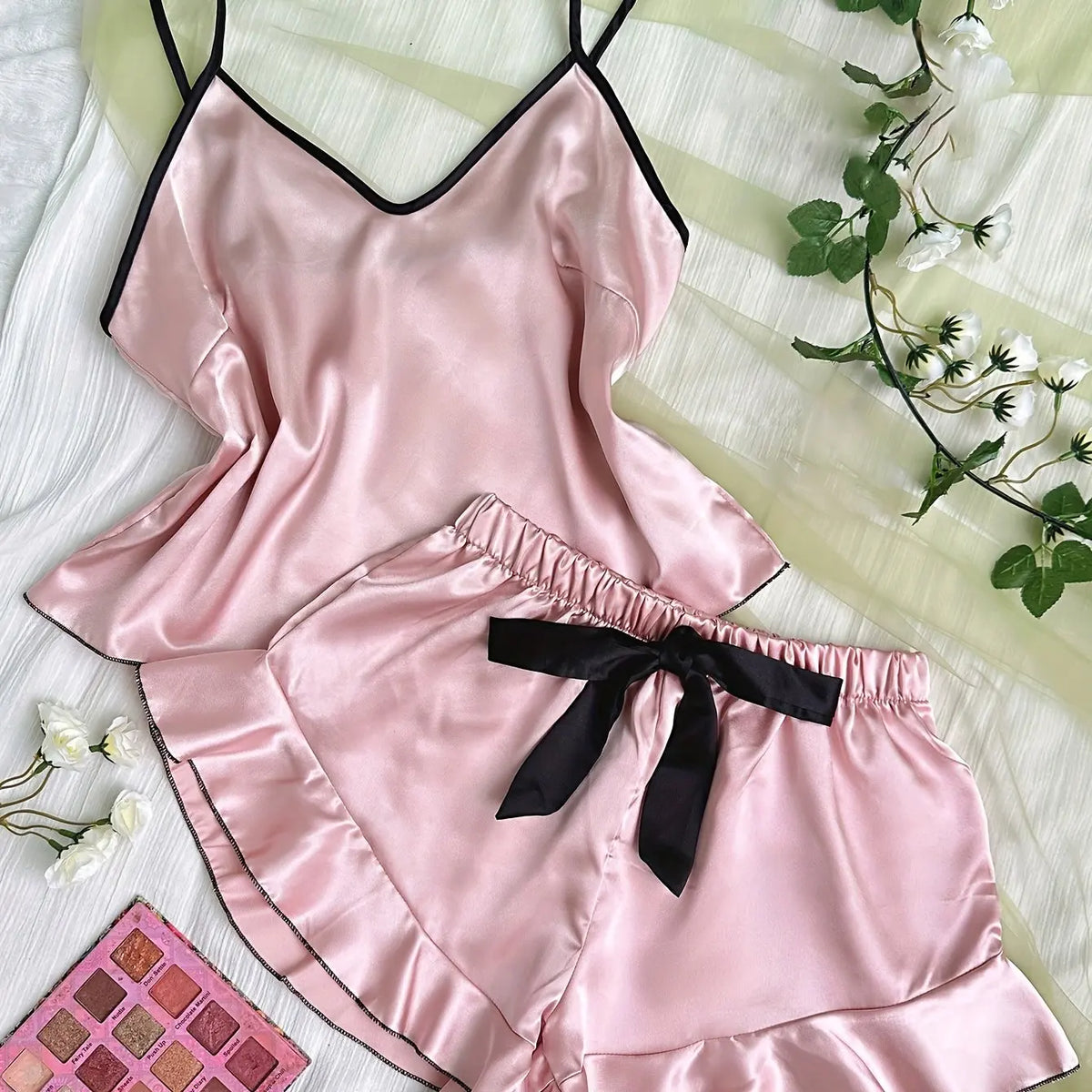 Women's satin pajama set sexy pleated pajama 2-piece set silk underwear shorts vest set soft and comfortable bow satin home wear