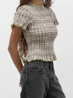 Women Casual Summer Plaid Print Shirred Tops Slim Mock Neck Short Sleeve Crop Ruffle T-shirts Streetwear
