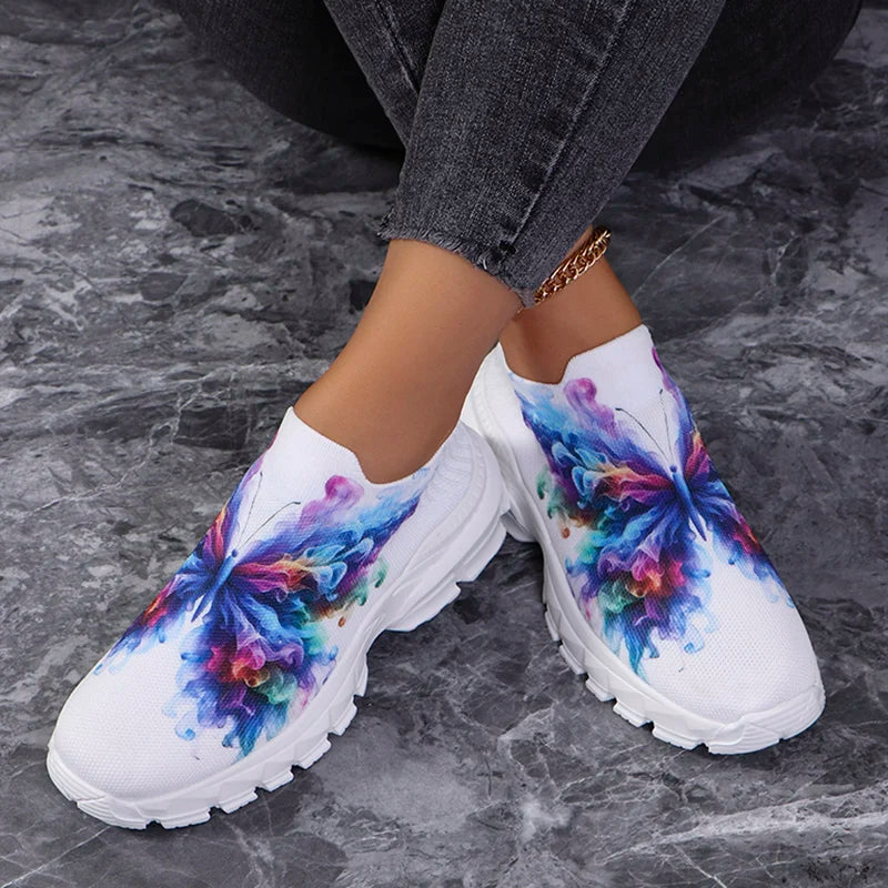 Fashion Butterfly Print Knit Sneakers for Women Breathable Mesh Platform Sneakers Shoes Woman Plus Size Thick Sole Walking Shoes