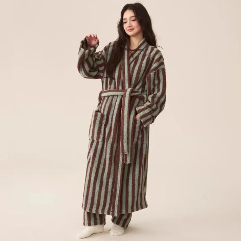 Thickened Flannel Robe Pants Pajamas Set Autumn Winter New Couple Coral Velvet Women Men Bathrobe Striped Lengthed Home Clothes