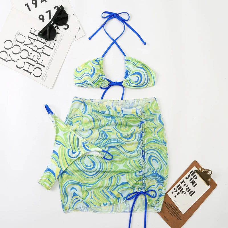 3 Pieces Bikini Set With SkirtTie Dye String Thong Bathing Suit Women Swimsuit FemaleSwimwear Beach Wear Swim Lady Summer
