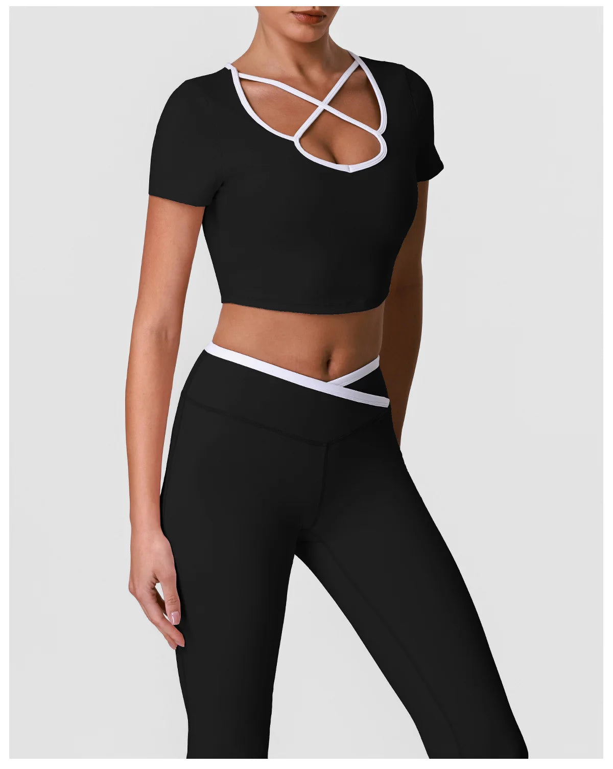 Summer Quick Drying Yoga Sets Women Black Patchwork Short Sleeve Cross Neck Sports Top High Waist Flared Pants Fitness Suits