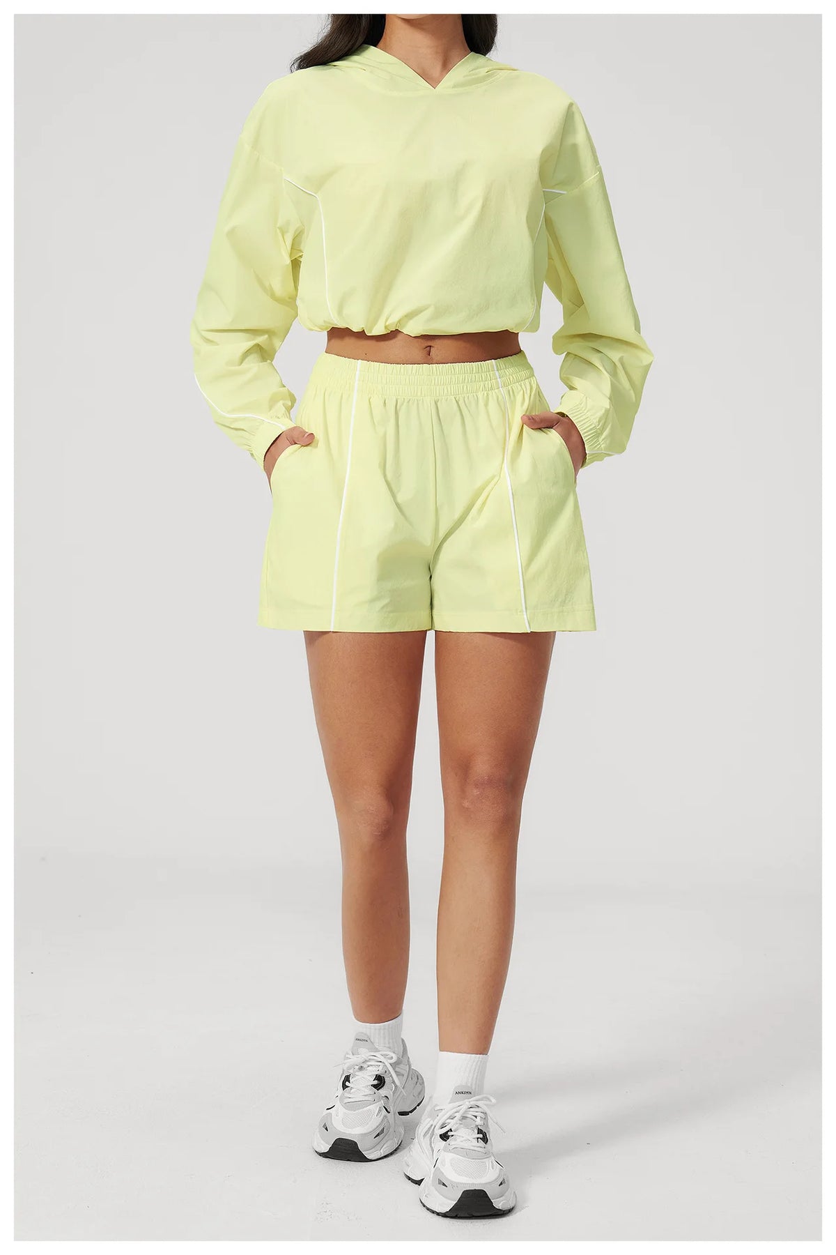 Summer Sun Protection Yoga Suit Women Contrasting Colors Long Sleeve Hoodies Top High Waist Shorts Running Fitness Athletic Wear