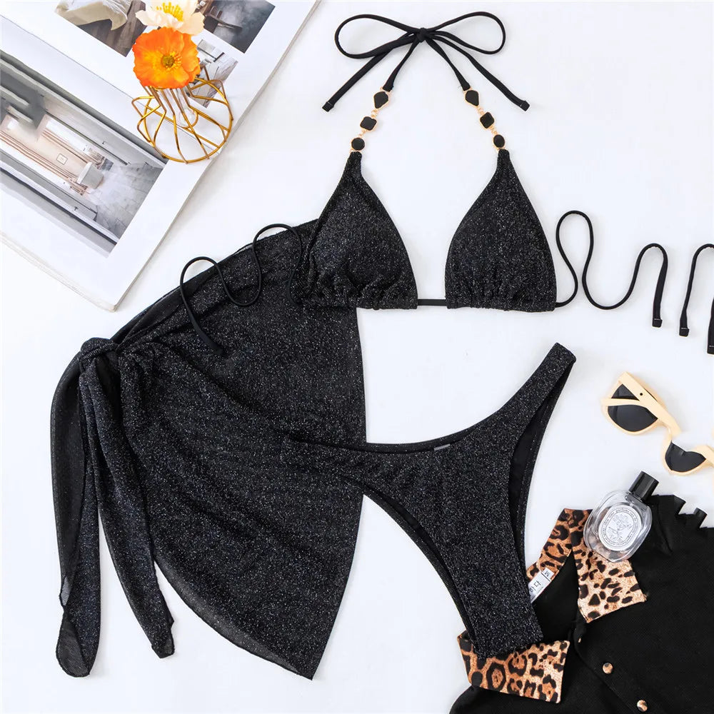 Sexy Black Shiny Swimwear Sarong String Halter Triangle Bikinis Sets 3 Pieces Rhinestone Swimsuit Women 2026 Bather Beachwear