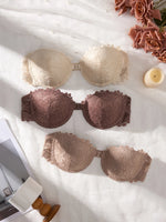 3Pcs Thin Cup Strapless Women's Sexy Bras Lace Trim Patchwork Pattern Front Clasp Push up Bra Comfortable Half-Cup Women's Bra