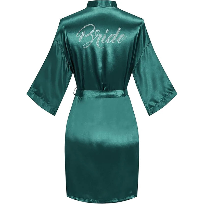 Women's Satin Kimono Robes with Rhinestones Bride Bridesmaid Short Getting Ready Wedding Dressing Gown