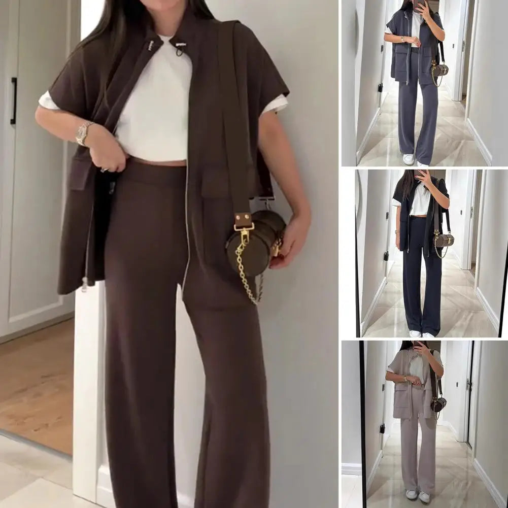 Women's Two Piece Outfit Casual Full Zip-up Short Sleeve Shirt And Wide Leg Pants Set Office Casual Lounge Tracksuit
