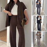 Women's Two Piece Outfit Casual Full Zip-up Short Sleeve Shirt And Wide Leg Pants Set Office Casual Lounge Tracksuit