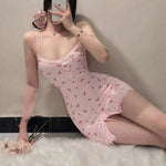 Women's Nightdress Cute Fitted Mini Nightgown Lace Trim Detail Spaghetti Straps Pink Cherry Print Dress Summer Sleepwear