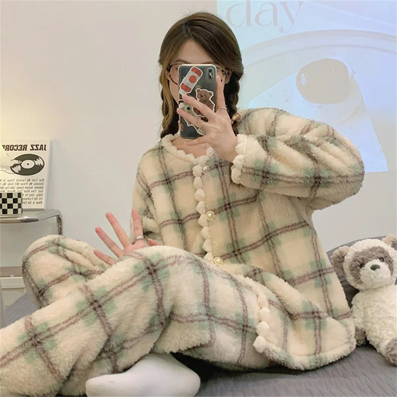 2025 New Flannel Plaid Sleepwear Women Winter Ruffles Pajama Pants Warm 2 Pieces Fluffy Button Night WearsSet Home Wear