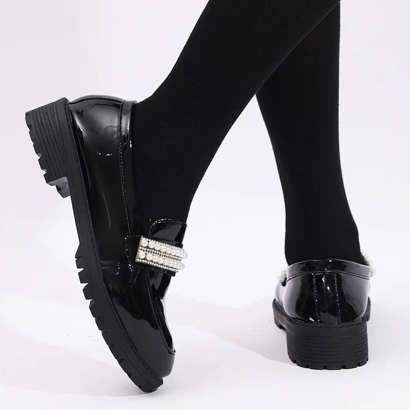 Fashion Pearls Decor Platform Loafers Women College Style Thick Heels Pu Leather Shoes Woman Plus Size 43 Student Shoes Female
