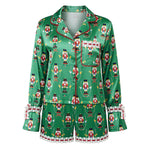 Womens Satin Christmas Pajamas Sets Print Button Up Long Sleeve Lapel V Neck Tops and Shorts Lounge Wear 2 Pieces Suits