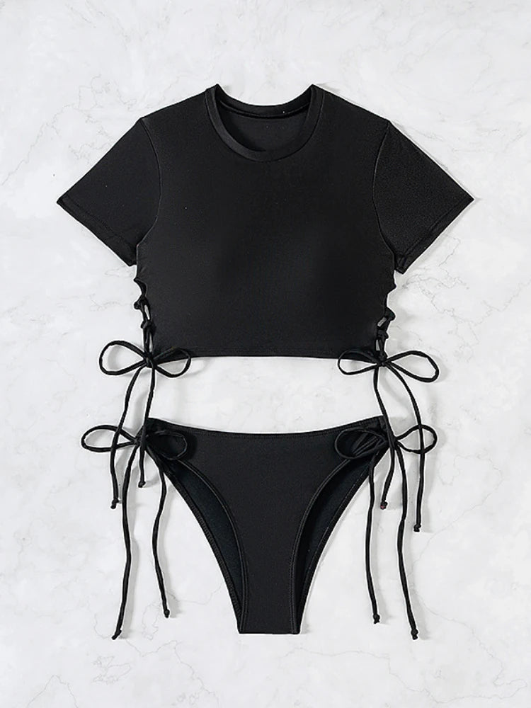 2026 New 2 Piece Swimsuit for Women Solid Color Sexy Drawstring Short Sleeve Bikini Set Beach Vacation Bathing Suit Swimwear