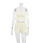 Lace Trim Ruffle Hem U-Neck Strap Cable Textured Cami & Casual Shorts Loungewear Summer Pajamas Set Women Sleepwear