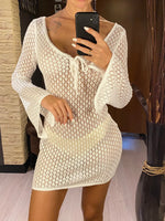 V Neck Long Sleeve Hollow Out Crochet Knitted Tunic Beach Cover Up Cover-ups Beach Dress Beach Wear Beachwear Female Women V6081