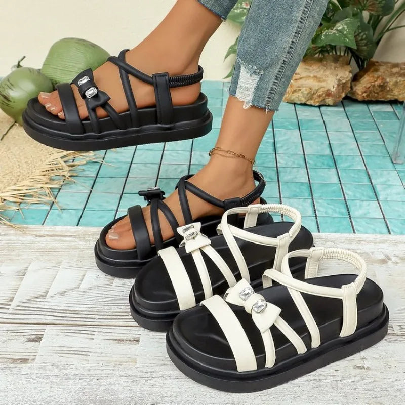 Women's RhinestonePlatform Sandals Casual Cross Strap Summer Shoes Non-Slip Thick Sole Beach Footwear