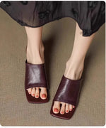 LuxeSquare Toe Slide Sandals Premium Leather One Strap Mules Chunky Sole Backless Loafers Dressy Casual Summer Shoes