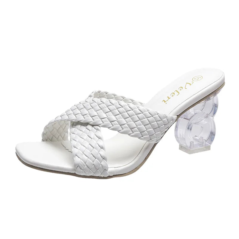 Transparent Strange High Heels Sandals Women SummerPlus Size Weave Female Slippers Fashion Yellow Open Toe Slides