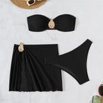 Brown Solid Swimwears Strapless Bandeau Bikinis Sets 3 Pieces Cover Up Sexy Swimsuit Woman 2026 Metal Buckled Bikini Beachwear