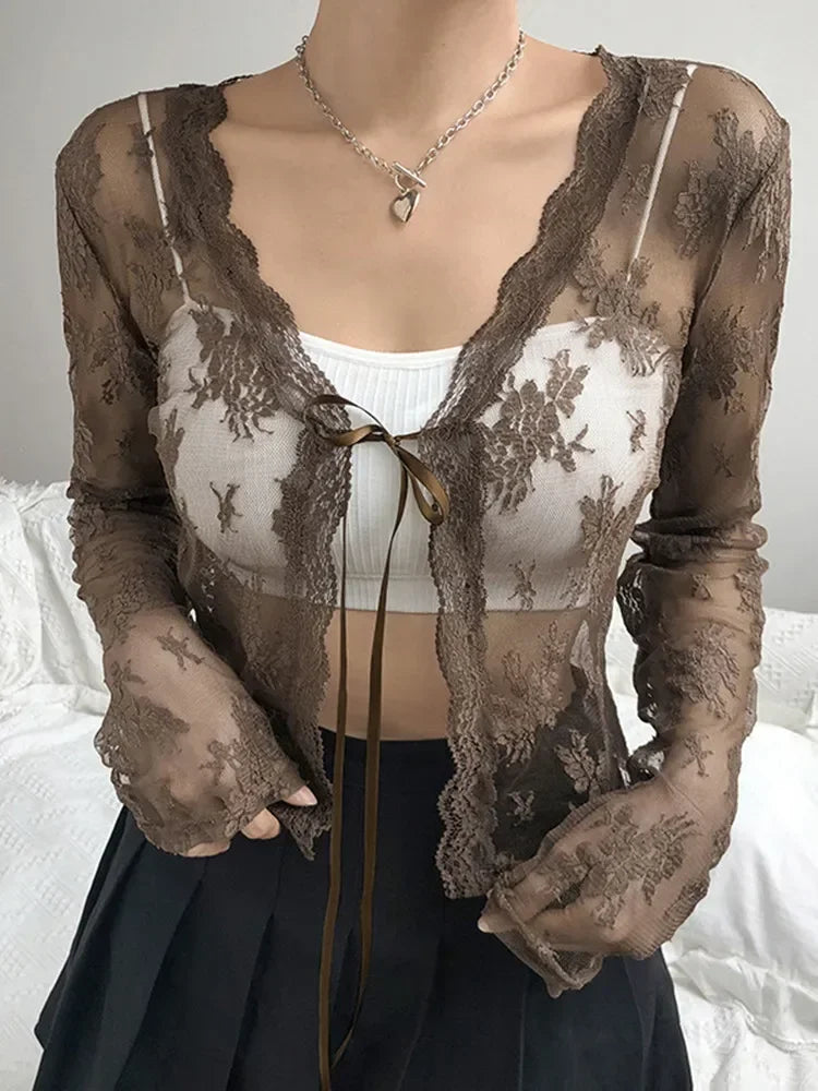Women Floral Lace Shirts Long Sleeve Front Tie-up Smock Tops Sexy Beach Tops and Blouses Female See Through Cover-ups
