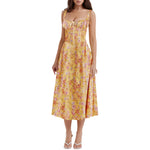 Sexy Low Cut Spaghetti Strap Maxi Dresses For Women Color Flower Printed Chest Wrap Bowknot Leace-up Long Dress Elegant Vestidos