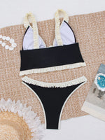 Sexy Front Tie Lace Trim Bikini Set Women Black Contrast Push Up Top Ruffles Thong Swimsuit Summer Holiday Bathing Suit Swimwear