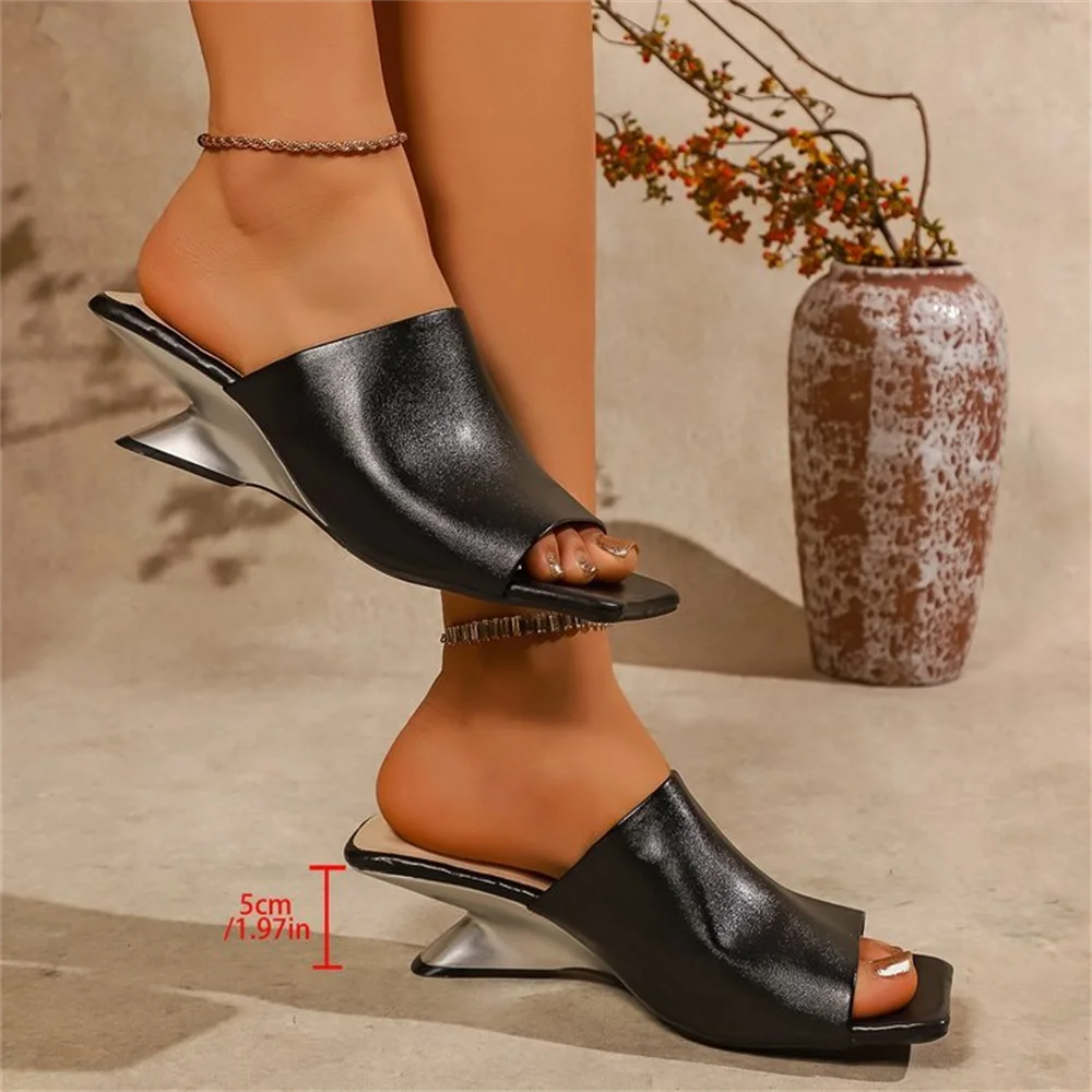 Big Size 42 Burgundy Metallic Wedge Heel Slide Mules Sandals Women Chic Slip On Black Outdoor 5CM Wedges Slipper Daily Shoes