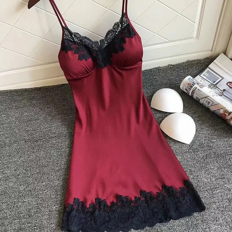Sexy WomenSilk Robe Dress Nightdress Soft Lace Casual Nightgown Straps Sleepwear Nightdres