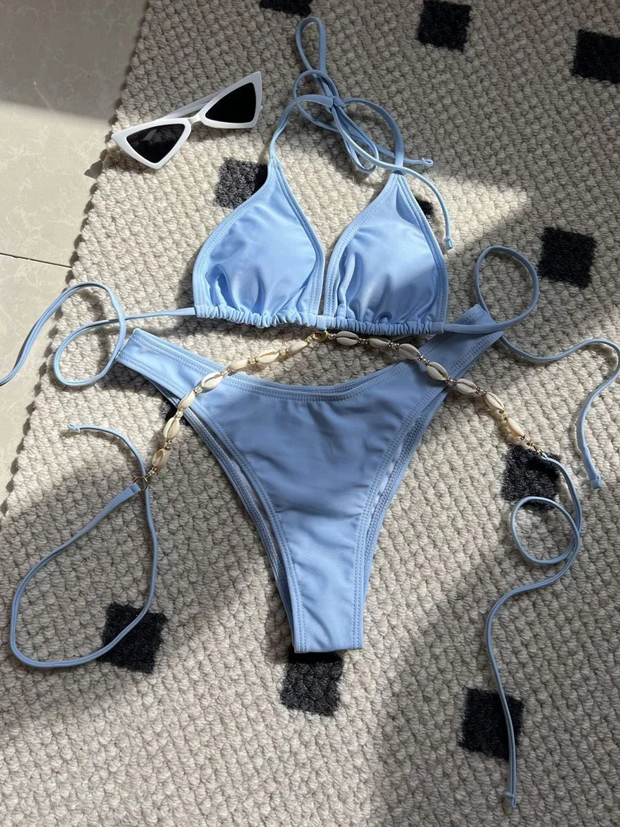 Halter Wrap Around Shell Decorated Bikini Women Swimwear Female Swimsuit Two Pieces Bikini Set Bathing Swimming Swim Suit Swim
