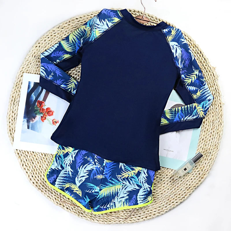 2026 Sexy Floral Long Sleeve Two-Piece Women's Surfing Swimsuit Drawstring Swim Tankini Rash Guard Beachwear Bathing Suit Female