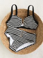 Sexy Black Striped Two Piece Bikini Set Women Metal U Neck Push Up Bra Belt High Waist Swimsuit Beach Bathing Suit Swimwear 2026