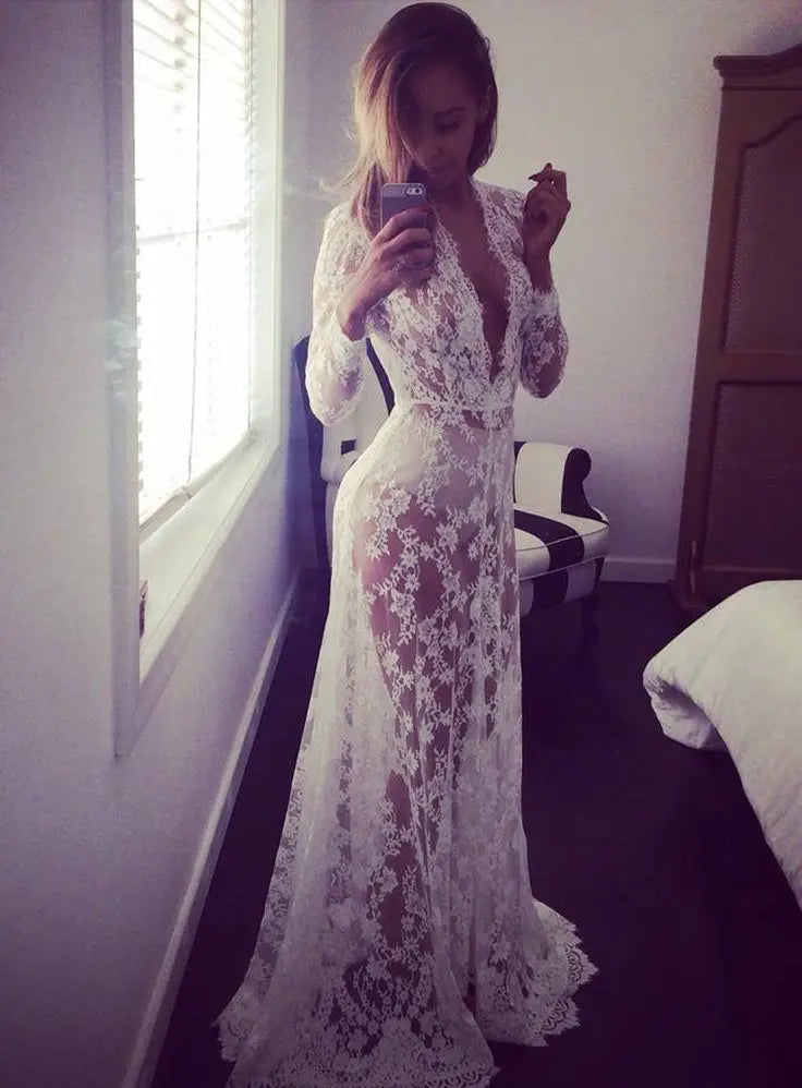 Sexy See Through Lace Long Dresses For Women Deep V-neck Solid Color Maxi Dress Fashion Streetwear Party Night Club Vestidos New