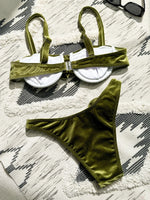 Sexy Velvet Bikini Sets Women Green 3D Flower Push Up Underwire Micro Swimsuit 2025 Summer Bathing Suit Thong Swimwear Biquini