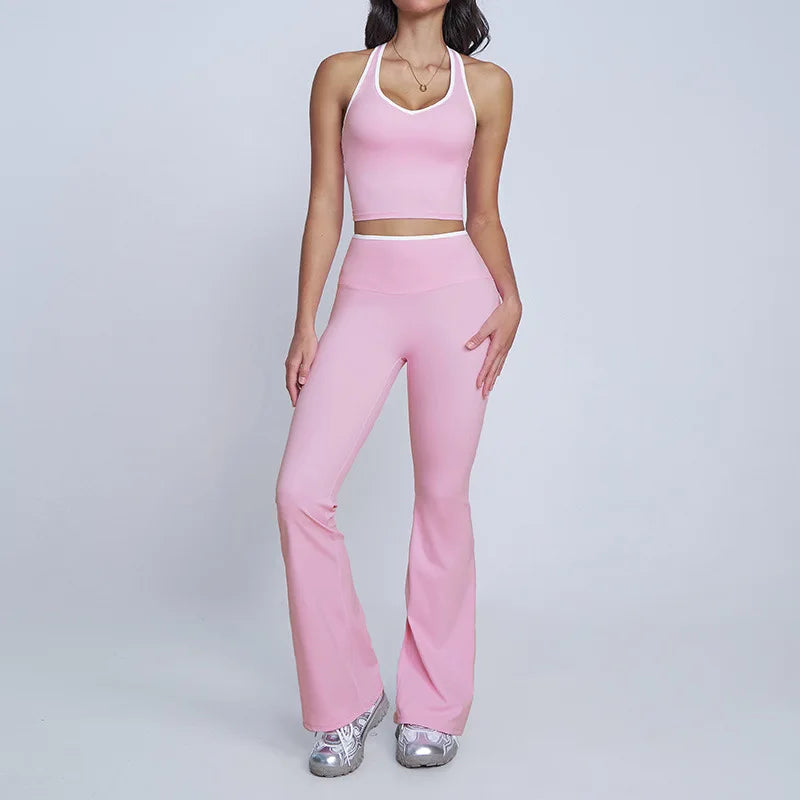 Tight Naked Yoga Shorts Suit Women Double Strap Sports Bra High Waist Flare Leggings Fitness Suit Gym Running Workout Clothes