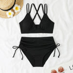Women's Two Piece Swimsuit Black Double Strap Push Up Pleate Drawstring Side High Waist Bikini 2025 Beach Bathing Suit Swimwear